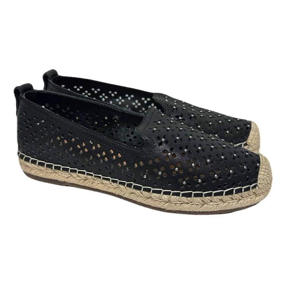 NEW Patricia Nash Womens Size 8 Black Leather Elena Perforated Espadrille Flats
